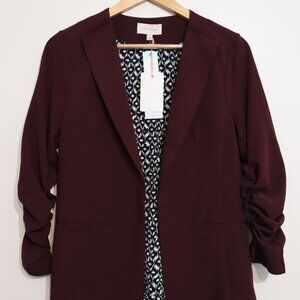 Skies Are Blue Raja Collarless Blazer Burgundy Ruched Sleeve Size S NWT